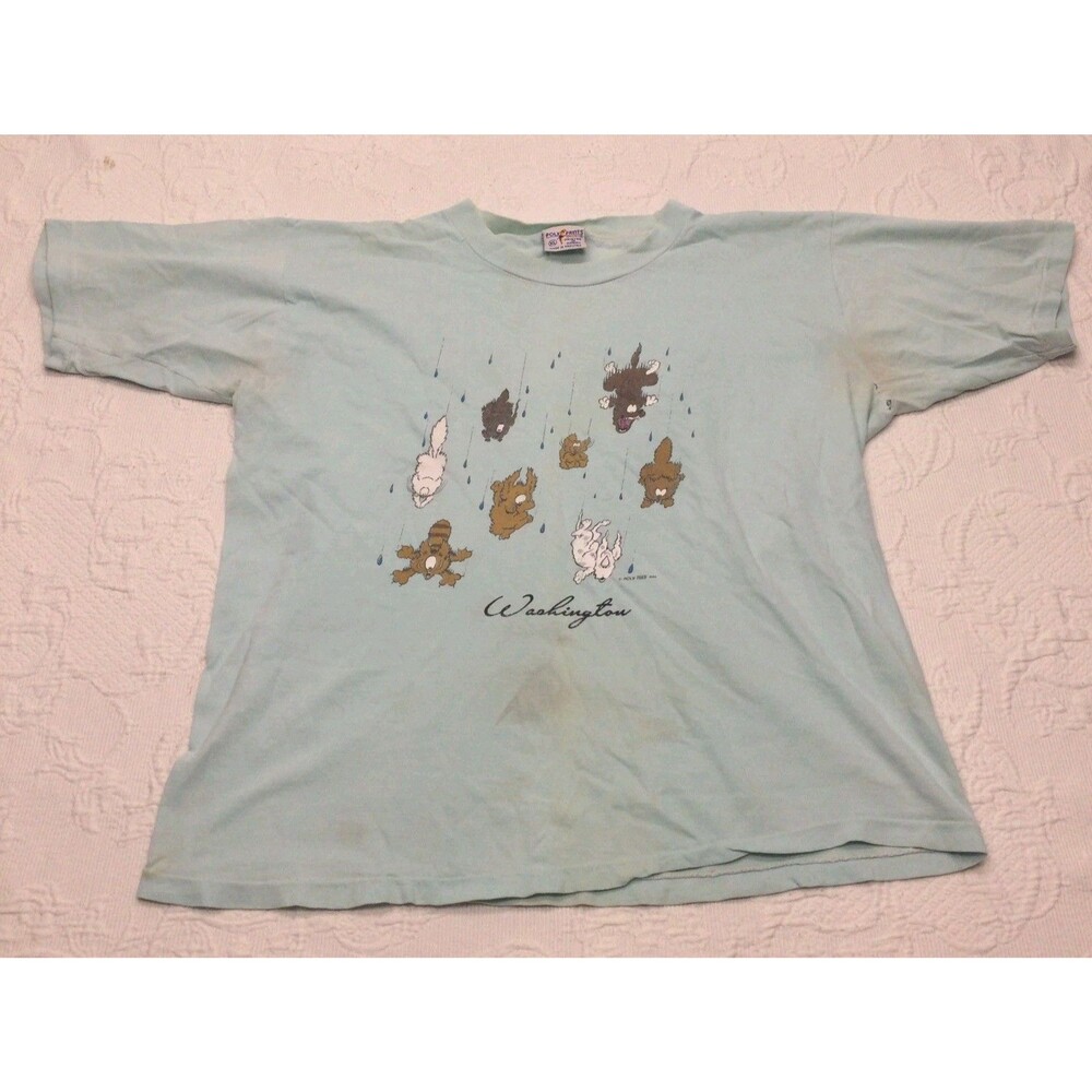 Raining Cats Dogs WA 80s Vintage Blue Graphic Shirt Mens XL Poly Prints Hawaii